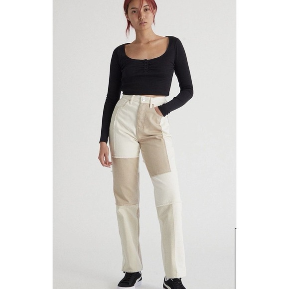 PacSun Denim - Pacsun Eco Off white Patchwork Dad Jean Women 27 Biege Cream Grunge Y2K Grunge